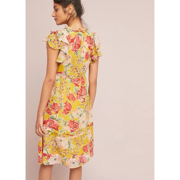 Anthropologie Dolan Left Coast Ellory Silk Dress Floral Yellow Ruffle XS - Picture 4 of 15